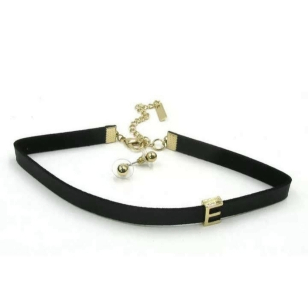 New Black Velvet E Chocker Necklace & Earrings Set.